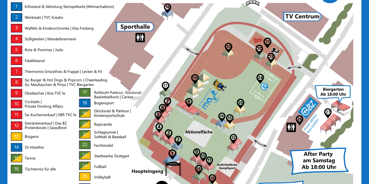 Geländeplan des TVC Sommerfests 2026 mit Ständen, Mitmachaktionen, Aktionsfläche, Haupteingang, Biergarten und wichtigen Orientierungspunkten.
