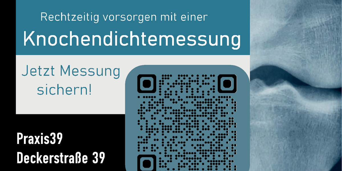 Bewerbung zur Knochendichtemessung von Biogena am 6. und 7. Juli 2026 in der Praxis39 in der Deckerstraße 39 in Stuttgart-Cannstatt.