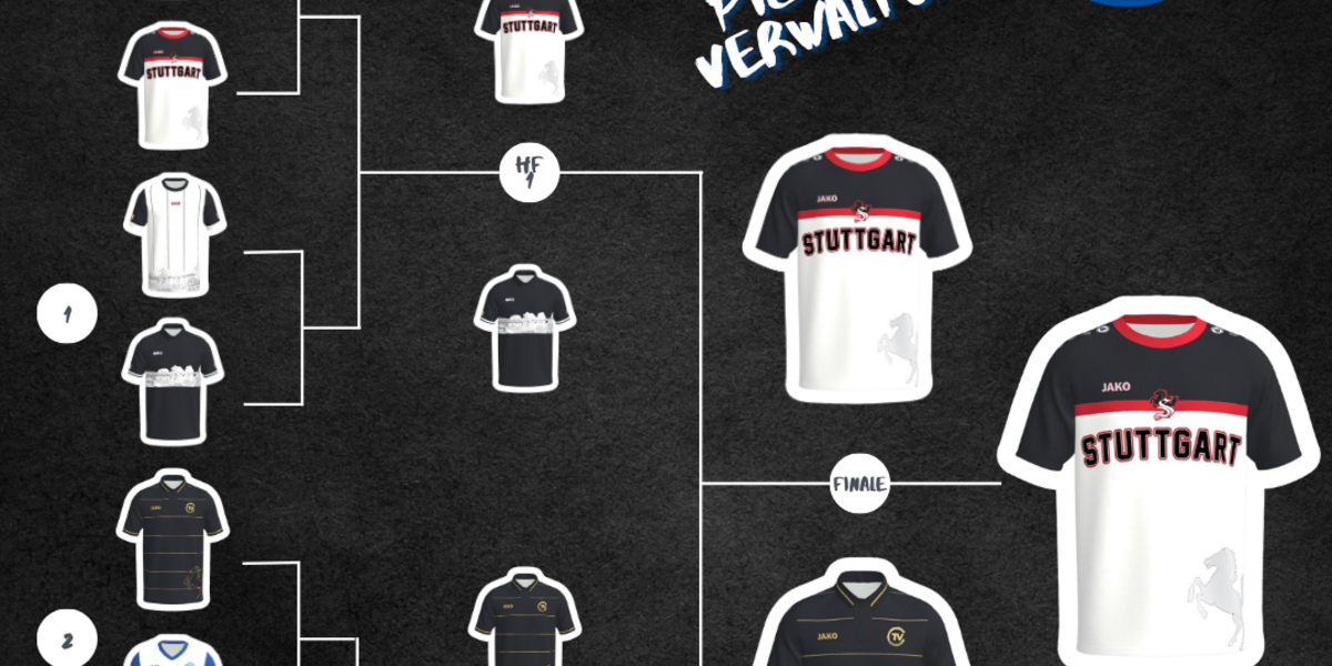 Turnierbaum des TVC Fantrikot Battles 2026 mit sechs Entwürfen und dem schwarz-rot-weißen Gewinnertrikot