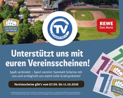 Grafik zur Aktion REWE Scheine für Vereine 2026 mit Hinweis, dass der TV Cannstatt wieder teilnimmt.